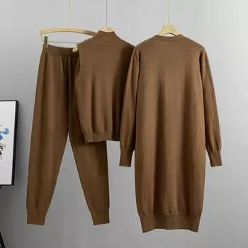 3 шт./комплект женский осенний топ брюки пальто комплект вязаный свободный средний S кофейный