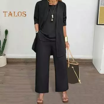 3 шт./комплект женский пальто жилет брюки комплект кардиган O-образный вырез без рукавов жилет эластичный пояс широкие брюки повседневный брючный костюм осень-весна повседневная одежда наряд XXL серый