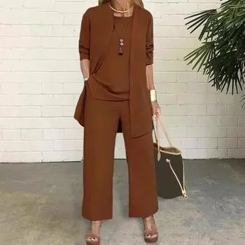 3 шт./комплект женский пальто жилет брюки комплект длинный рукав кардиган O-образный вырез без рукавов жилет эластичный пояс широкие брюки повседневный свободный брючный костюм L оранжевый