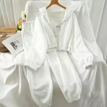 3 шт./комплект женский с капюшоном пальто жилет брюки костюм застежка-молния стразы длинный рукав S чёрный