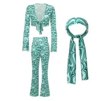 3 шт./комплект женский сценический костюм с V-образным вырезом на шнуровке с длинными рукавами укороченный топ L жёлтый