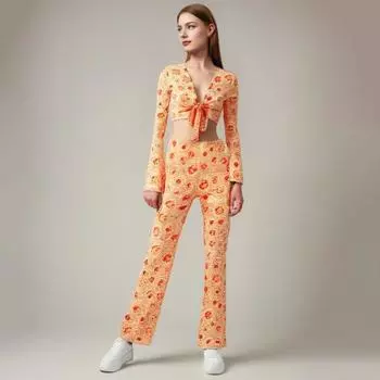 3 шт./комплект женский сценический костюм с V-образным вырезом на шнуровке с длинными рукавами укороченный топ с высокой талией расклешенный L жёлтый