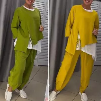 3 шт./комплект женский весенне-осенний костюм топ футболка брюки комплект неровный подол XXXL зелёный