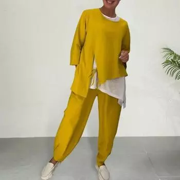3 шт./комплект женский весенне-осенний костюм топ футболка брюки комплект неровный подол S жёлтый