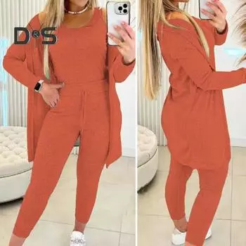 3 шт./комплект женский жилет пальто брюки костюм круглый вырез без рукавов топ длинный рукав однотонное пальто эластичный пояс широкие брюки повседневная одежда спортивный наряд M синий