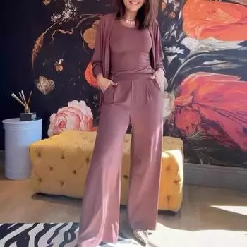 3 шт./комплект женский жилет пальто брюки костюм круглый вырез без рукавов однотонная блузка эластичный пояс широкие брюки повседневная одежда спортивный наряд M