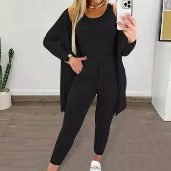 3 шт./комплект женский жилет пальто брюки костюм круглый вырез без рукавов топ длинный рукав однотонное пальто M армия зеленый