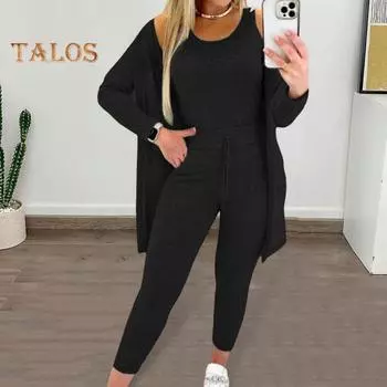 3 шт./комплект женский жилет пальто брюки костюм круглый вырез без рукавов топ длинный рукав однотонное пальто эластичный пояс широкие брюки повседневная одежда спортивный наряд M армия зеленый