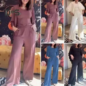 3 шт./комплект женский жилет пальто брюки костюм круглый вырез без рукавов однотонная блузка эластичный пояс широкие брюки повседневная одежда спортивный наряд осень весна S