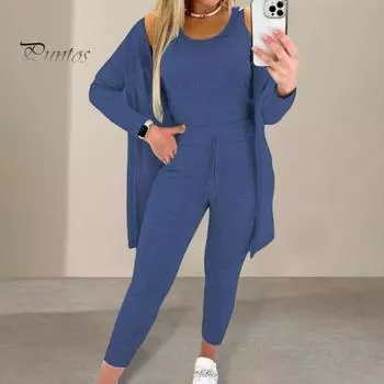 3 шт./комплект женский жилет пальто брюки костюм круглый вырез без рукавов топ длинный рукав однотонное пальто эластичный пояс широкие брюки повседневная одежда спортивный наряд M синий