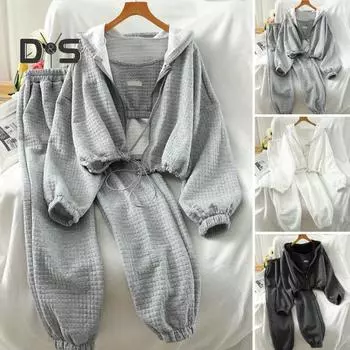 3 шт./комплект женский жилет с капюшоном брюки костюм застежка-молния стразы длинный рукав завязка подол толстовка с капюшоном эластичный пояс брюки с резинкой до щиколотки зимняя повседневная одежда S чёрный