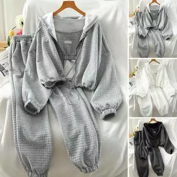 3 шт./комплект женский жилет с капюшоном брюки костюм застежка-молния стразы длинный рукав завязка подол толстовка с капюшоном эластичный пояс брюки с резинкой до щиколотки зимняя повседневная одежда S белый