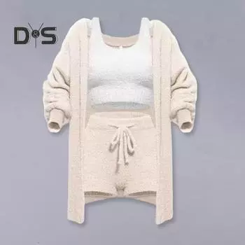 3 шт./комплект женский жилет шорты пальто комплект длинный рукав плотный пальто V-образный вырез без рукавов топ завязка на резинке на талии короткие брюки повседневная одежда на каждый день M розовый