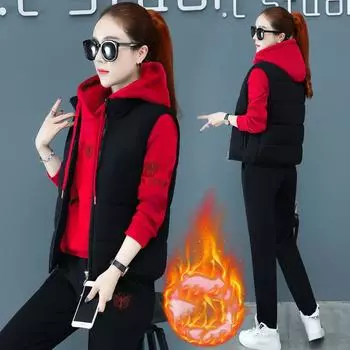 3 шт./комплект женский жилет толстовка брюки комплект застежка-молния стеганое пальто вышитый капюшон длинные рукава топ эластичный пояс брюки зимний спортивный костюм спортивная одежда XXXXL чёрный