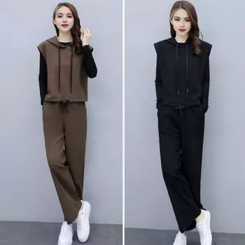3 шт./комплект женский жилет топ брюки комплект с капюшоном завязка без рукавов толстовка с длинным рукавом O-образный вырез M кофейный
