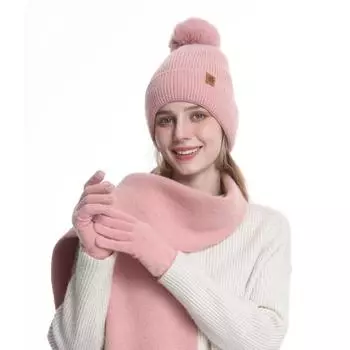 3 шт./комплект женский зимний шапка шарф перчатки комплект толстый вязаный защитные шапки перчатки эластичный ветрозащитный купол шапка обертывание для шеи перчатки комплект розовый