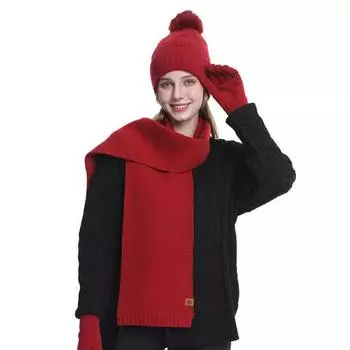 3 шт./комплект женский зимний шапка шарф перчатки комплект толстый вязаный ухо чёрный