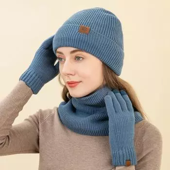 3 шт./комплект женский зимний шапка шарф перчатки комплект толстый плюшевый вязаный теплый шапка перчатки эластичные уши ветрозащитный Wi вино красного