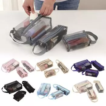 3 шт. косметички большой вместимости с ручкой, застежкой-молнией, прозрачный дизайн, легкий доступ, портативные дорожные косметички чёрный