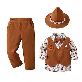 3 шт., костюмы на Хэллоуин для мальчиков и малышей, юбки с длинными рукавами, комплект с жилетом, штаны для новорожденных, костюм джентльмена с галстуком-бабочкой 80(6-9M) хаки
