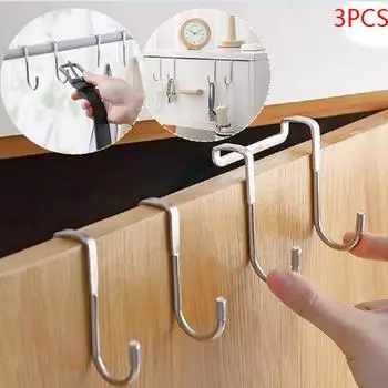 3 шт., крючок для шкафа, двойной S-образный крючок, кухонный металлический, прочный, без перфорации, для задней стенки двери, подвесной органайзер для полотенец One Size серебряный