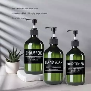 3 шт., круглые бутылки 500 мл, зеленые/янтарные бутылки для лосьона, пластиковый дозатор для мыла, портативные дозаторы для шампуня и кондиционера с 6 этикетками