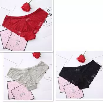 3 шт./лот сексуальные бесшовные трусики женские стринги дышащие трусики бикини женские сплошные кружевные трусики ажурное нижнее белье трусы M красный