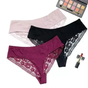 3 шт./лот, стринги из чистого хлопка, однотонные кружевные трусы-стринги для женщин, большие размеры L-5Xl Femme, сексуальное женское белье, трусики-стринги со средней посадкой