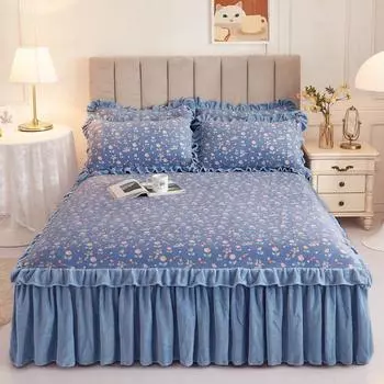 3 шт., маленькая плюшевая юбка с цветочным узором, зимняя толстая толстая воланная кромка, покрывало, защитный чехол для матраса, противоскользящая простыня 150x200cm bed skirt