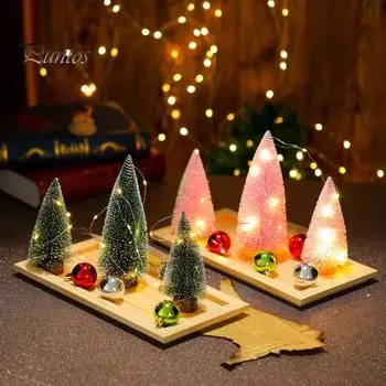 3 шт. Мини-елка со светодиодными огнями, искусственные снежные сосны с деревянной основой, праздничное настольное украшение для спальни, книжной полки, сада A