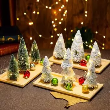 3 шт. Мини-елка со светодиодными огнями, искусственные снежные сосны с деревянной основой, праздничное настольное украшение для книжной полки в спальне A