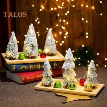 3 шт. Мини-елка со светодиодными огнями, искусственные снежные сосны с деревянной основой, праздничное настольное украшение для спальни, книжной полки, сада A