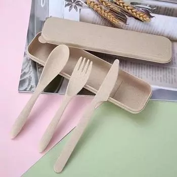 3 шт. многоразовый портативный набор столовых приборов с коробкой для хранения, пластиковая ложка для детей и взрослых, набор столовых приборов для кемпинга, пикника, путешествий бежевый