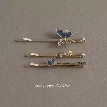 3 шт. Модная ретро заколка для волос с розой и бабочкой с кристаллами, темно-серый винтажный сплав, боковые зажимы для волос, аксессуар для женщин и девушек