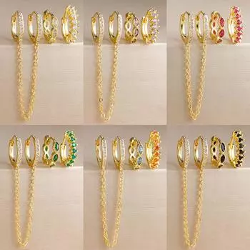 3 шт. модные красочные серьги-кольца с цирконием для женщин, два отверстия, круглый круг, пышные серьги-кольца золотого цвета, свадебные украшения