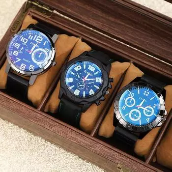 3 шт. Модные мужские повседневные часы для деловых людей с большим циферблатом, аналоговые часы из искусственной кожи, мужские кварцевые наручные часы