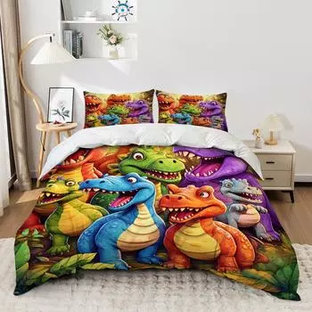 3 шт. Мультяшный красочный динозавр пододеяльники удобные постельные принадлежности ткань мягкая и дышащая в комплекте (Пододеяльник* 1+Наволочки*2) EUsingle135x200cm