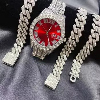 3 шт., мужской и женский календарь в стиле хип-хоп, красный циферблат, часы, ожерелье, браслет, комплект ювелирных изделий, блестящий золотой, серебряный бриллиантовый мужской кубинский браслет