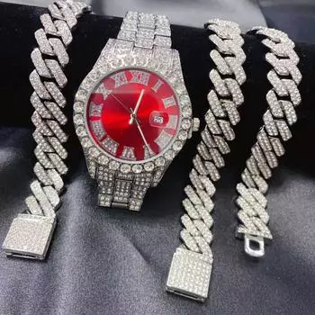 3 шт., мужской и женский календарь в стиле хип-хоп, красный циферблат, часы, ожерелье, браслет, комплект ювелирных изделий, блестящий золотой, серебряный бриллиантовый мужской кубинский браслет