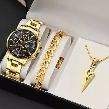 3 шт./набор, 1 шт. модные мужские повседневные спортивные кварцевые часы из нержавеющей стали, 1 шт. браслет, 1 шт. ожерелье с