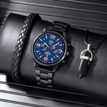 3 шт./набор, 1 шт. модные мужские часы с календарем класса люкс для бизнеса из нержавеющей стали с кварцевым ремешком, 1 шт. браслет, 1 шт. ожерелье