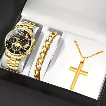 3 шт./набор, DEYROS модные мужские деловые часы из нержавеющей стали с календарем и серебристым браслетом с крестом, ожерелье для мужчин, подарок