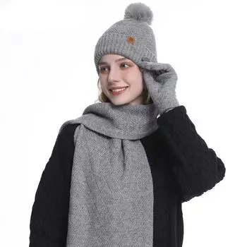 3 шт./набор Шапка Шарф Для Женщин Перчатки Комплект Для Катания на Открытом Воздухе С Сенсорным Экраном Зимняя Шапка с Помпоном Вязаная Шапка Бини Флисовая Подкладка