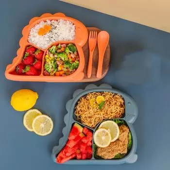 3 шт./набор столовой посуды в форме мультяшного динозавра, силикон, тарелка с ложкой и вилкой, подходит для использования в ресторане оранжевый