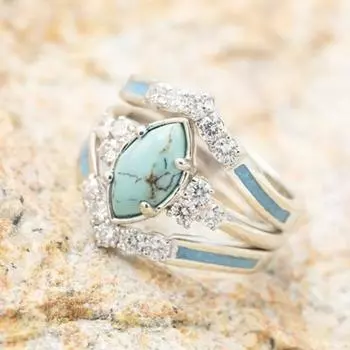3 шт./набор женских колец, геометрический, искусственный бирюзовый, стекируемый, со стразами, декор, полированный сплав US 6 серебряный