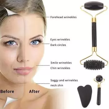 3 шт. Натуральный нефритовый роликовый массажер для лица, тела, спины, ног, подтяжка лица, против морщин, двухсторонний нефритовый гуаша чёрный