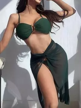 3 шт., однотонное бикини 2024, женский купальник с пляжной юбкой, женский купальник, пляжная одежда, купальный костюм для купания, купальный костюм S зелёный