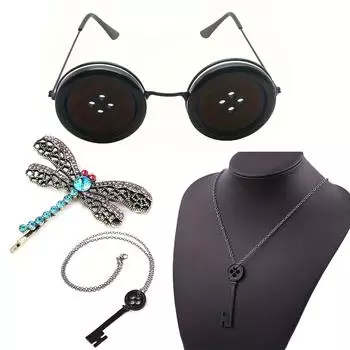 3 шт. Ожерелье из фильма «Коралина», подвеска из зеленого камня, веревочная цепочка, черный чокер со стрекозой, заколка для волос