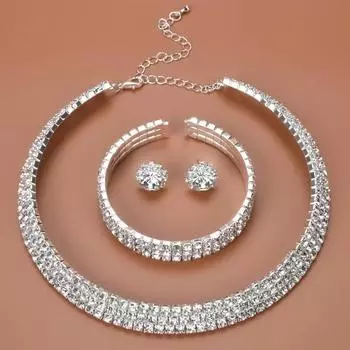 3 шт. Ожерелье с полными бриллиантами, серьги, браслеты, набор из трех предметов, металлическое полое ожерелье-воротник с цветком, набор для подружки невесты и невесты, женские украшения A