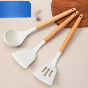 3 шт., пищевая термостойкая лопатка с ручкой из цельного дерева, силиконовая кухонная утварь, антипригарное покрытие, сковорода, набор ложек и лопаток для супа